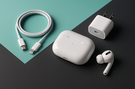 airpods pro 2, cargador de iphone en una paleta de colores #4EDAD5 y #1E2428