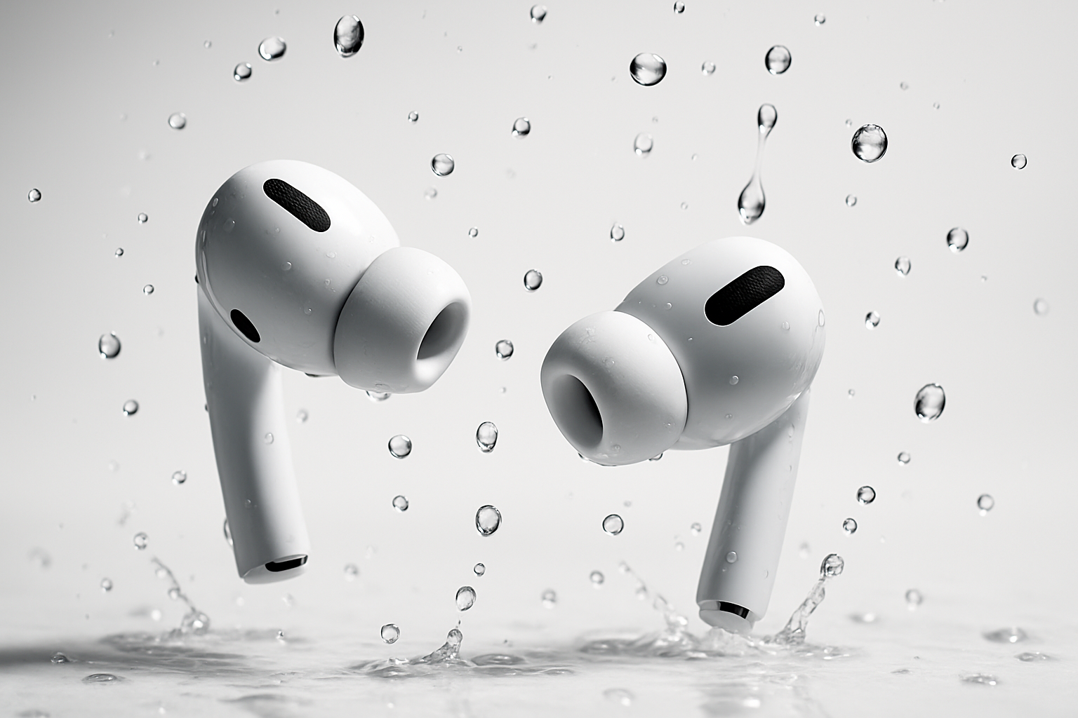 Airpods pro 2 con fondo blanco y como si le cayeran gotas de agua para resaltar que son resistentes al agua
