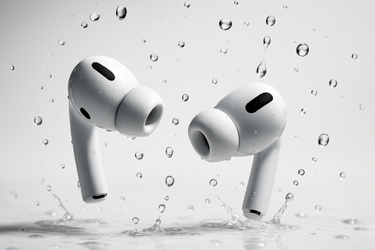 Airpods pro 2 con fondo blanco y como si le cayeran gotas de agua para resaltar que son resistentes al agua