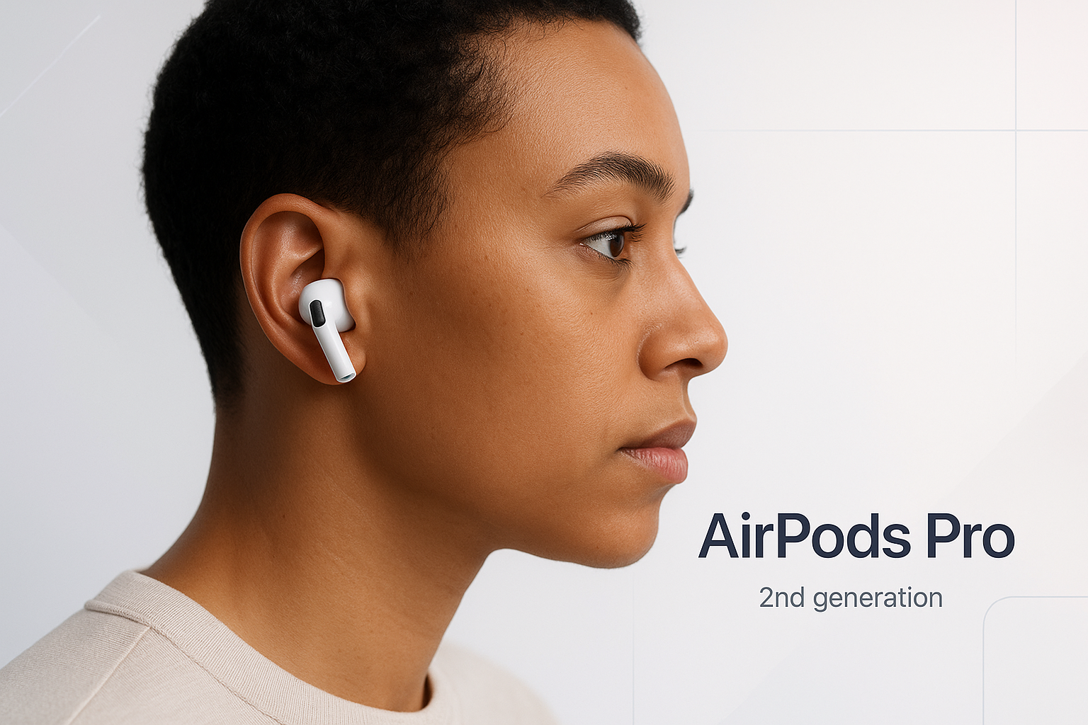 Airpods pro 2 en los oidos de una persona con un fondo de acorde a mi pagina de shopify con tema ride
