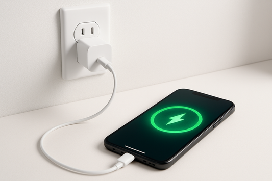 cargador de iphone que esté conectado al iphone y a la pared, el iphone con la animación de carga activa