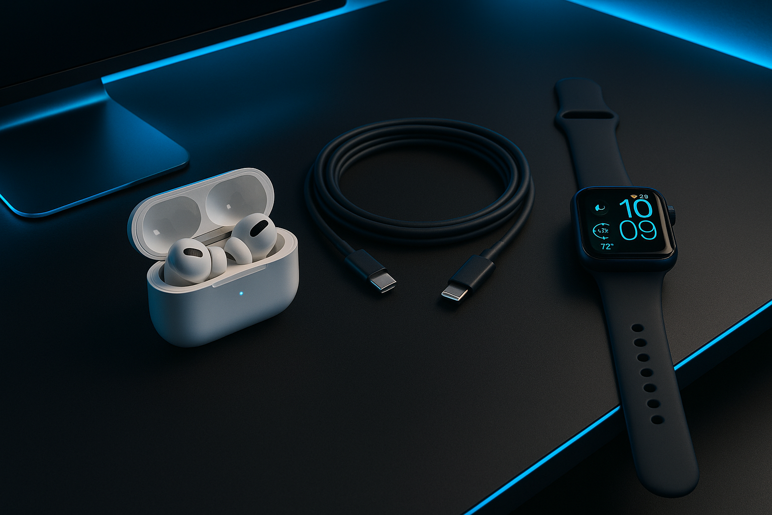 workspace con AirPods Pro 2, cargador de iPhone y Apple Watch 2, con colores iguales a los que tengo en la web negro y azul eléctrico.