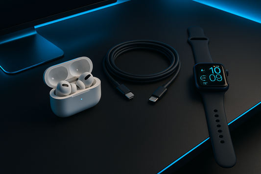 workspace con AirPods Pro 2, cargador de iPhone y Apple Watch 2, con colores iguales a los que tengo en la web negro y azul eléctrico.